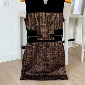 Gorgeous textured knit dress in versatile combination of dark brown black golden
